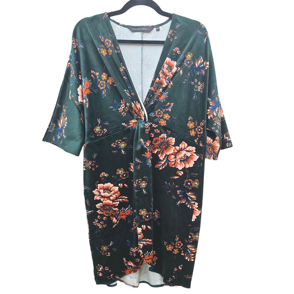 Colleen Lopez Dress Womens Medium Green Velour Floral Coquette Boho Cottagecore